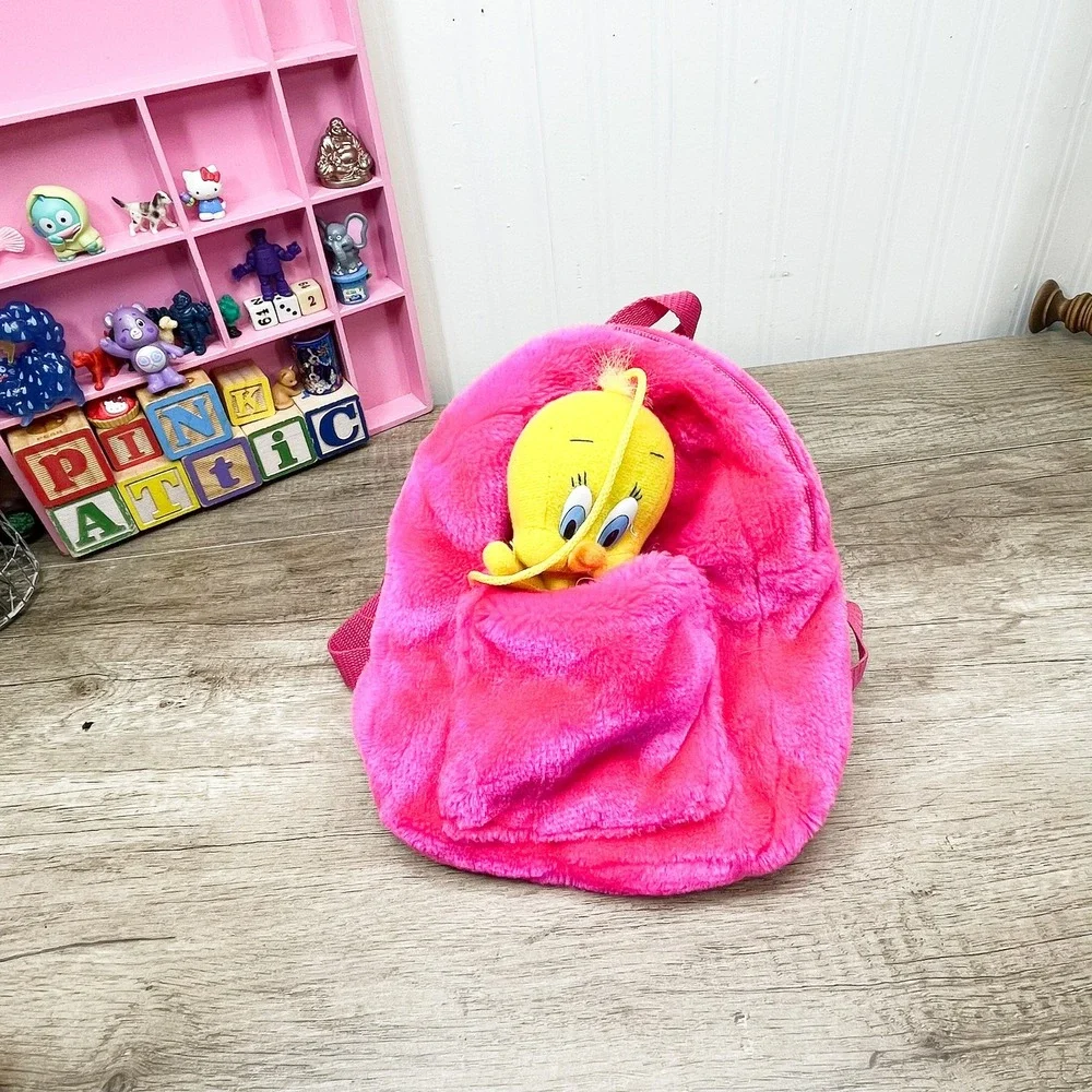 Looney Tunes Tweety Bird Pink Faux Fur Plush‎ Mini Backpack Jaclyn Inc Y2K Style